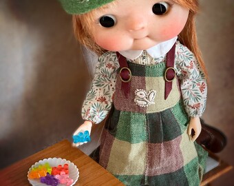 blythe doll clothes outfit cotton shirt linen overall and wool coat, cute blythe outfit knitted coat for obitsu22, handmade clothes Misanita