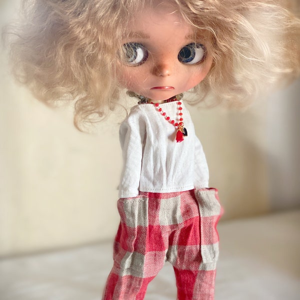 Boho Blythe set linen pants shirt, elegant outfit Obitsu22 , handmade long sleeve shirt for doll, tiny gingham autumn clothing,