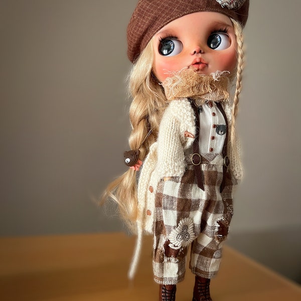 Blythe doll special outfit, suspender pants, shirt, coat and beret for Blythe, handmade for Obitsu22, Azone, Licca, Jacoosun Rou, Qbaby doll