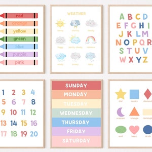 Conjunto de seis impresiones educativas, formas, colores, días de la semana, números, letras