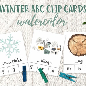 Carte con clip ABC invernali, acquerello, carte alfabetiche