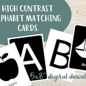 Zwart-witte sensorische kaarten, alfabetmatching, hoog contrast, babystimulatie