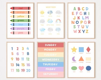 Set of six educational prints, shapes, colors, days of the week, numbers, letters