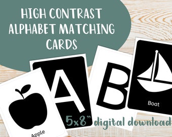 Black and White Sensory Cards, Alphabet matching, High Contrast, Infant Stimulation