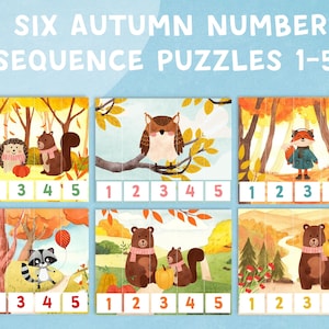 May include: Six autumn-themed number sequence puzzles for children. Each puzzle features a different woodland animal, such as a squirrel, owl, fox, raccoon, and bear, set against a colourful autumn forest backdrop. The puzzles are numbered 1-5, making them ideal for learning number recognition and sequencing skills.