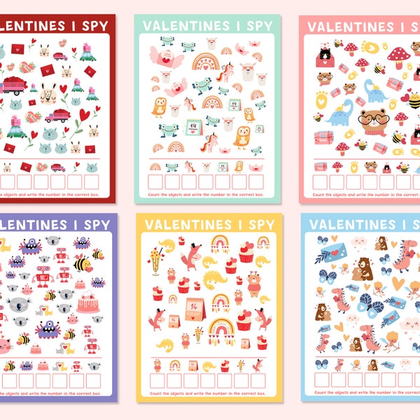 Valentines I Spy Counting Game, Set of Six, Holiday Kids Activity