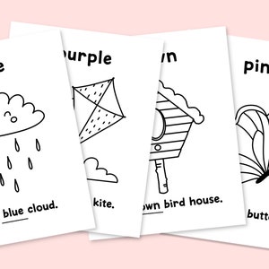 May include: Four black and white printable flashcards with images and words. The words are "blue", "purple", "brown", and "pink". The images are a blue cloud with raindrops, a purple kite, a brown birdhouse, and a pink butterfly.
