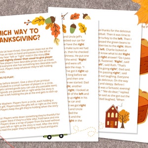 May include: A printable Thanksgiving game for kids. The game is called "Which Way to Thanksgiving?" and includes directions for playing. The game involves passing items left or right as the story is read. The game includes different ways to play, such as "Pass the Pie" and "Gift Mayhem".