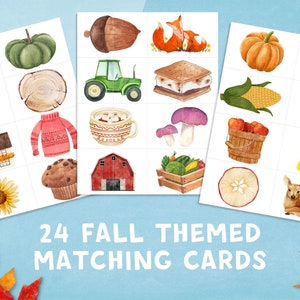 May include: 24 printable fall-themed matching cards featuring illustrations of a variety of autumnal objects, including a pumpkin, a corn cob, a red apple, a house, a sweater, a barn, a mushroom, a deer, a s'more, a pine cone, a maple leaf, a sunflower, a tractor, a log, a candy corn, a acorn, a slice of apple, and a cup of hot chocolate.