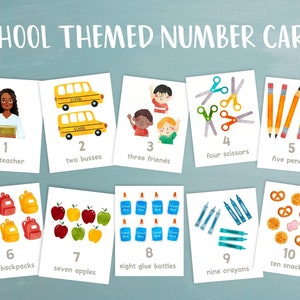 Nummerkaarten met schoolthema, nummermatching, nummerflitskaarten