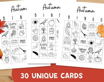 Autumn Bingo, Fall Bingo, 30 Unique Cards