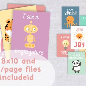 May include: A set of eight printable affirmation cards featuring colourful illustrations and positive messages. The cards include phrases like "I am special", "I have a great idea", "I am awesome", and "Choose Joy".