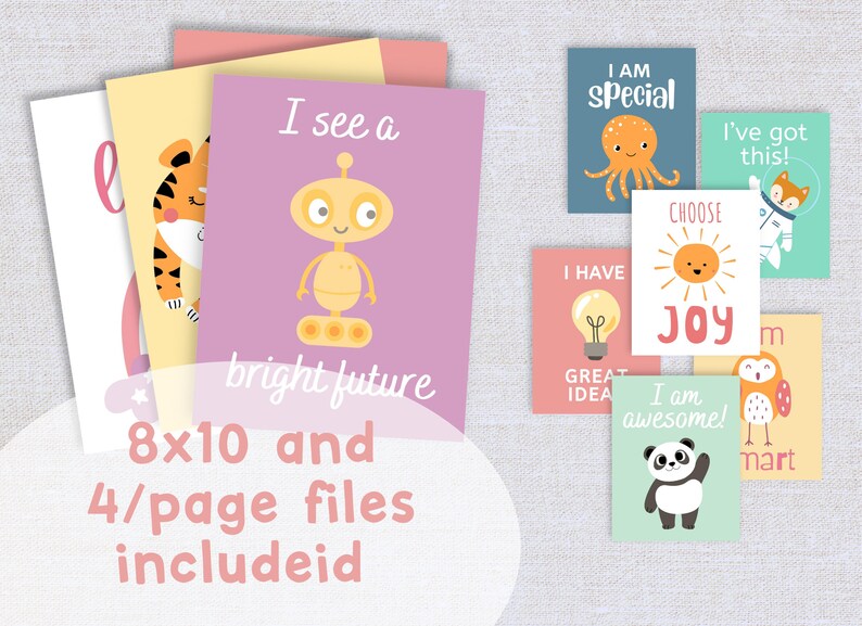 May include: A set of eight printable affirmation cards featuring colourful illustrations and positive messages. The cards include phrases like "I am special", "I have a great idea", "I am awesome", and "Choose Joy".