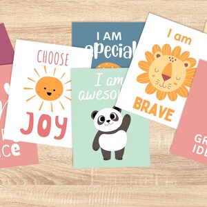 May include: Set of ten colourful affirmation cards with illustrations and positive messages. The cards feature a sun, a panda, a lion, a lightbulb, and flowers. The messages include "Choose Joy", "I am Awesome", "I am Brave", "I Have Great Ideas", and "I Bring Peace".