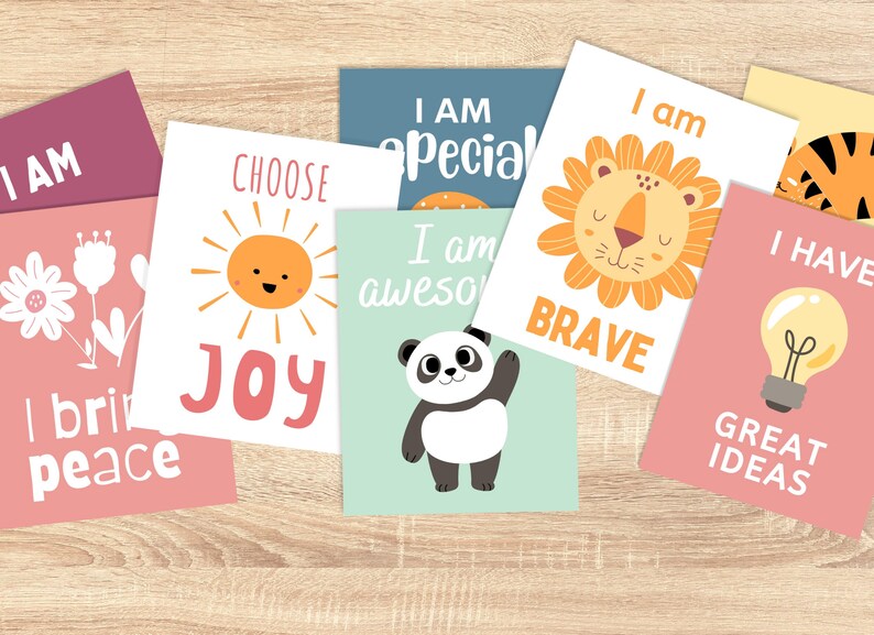 May include: Set of ten colourful affirmation cards with illustrations and positive messages. The cards feature a sun, a panda, a lion, a lightbulb, and flowers. The messages include "Choose Joy", "I am Awesome", "I am Brave", "I Have Great Ideas", and "I Bring Peace".