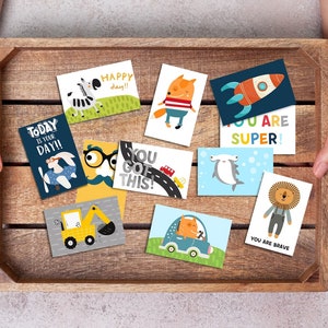 May include: A set of ten colourful encouragement cards featuring various animals and phrases like "Today is your day!" and "You are brave".