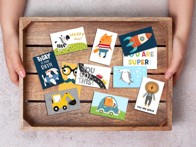 May include: A set of ten colourful encouragement cards featuring various animals and phrases like "Today is your day!" and "You are brave".