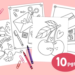 May include: A set of 10 printable coloring pages featuring Valentine's Day themes. The pages include images of a bird with a heart, a love letter, a box of chocolates, and two cherries with hearts.