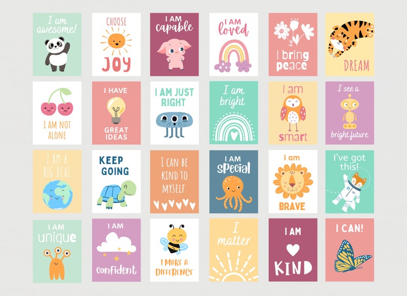 May include: A set of 20 colourful affirmation cards featuring cute illustrations of animals, objects, and characters. Each card has a positive affirmation message, such as "I am awesome!" or "I am kind".