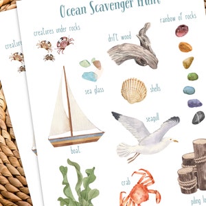 Búsqueda del tesoro en el océano, póster de naturaleza gratuito, arte de la pared del océano, búsqueda en la playa, actividades en la playa para niños