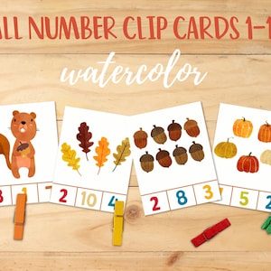 Tarjetas numéricas temáticas de otoño, actividad de tarjeta de clip, ilustraciones en acuarela