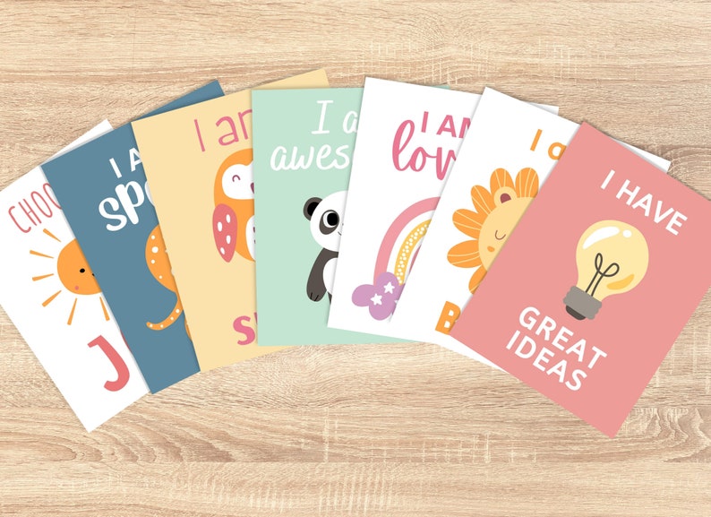 May include: Set of eight colourful affirmation cards with illustrations of a sun, a cat, an owl, a panda, a rainbow, a lion, a light bulb, and text that reads "Choose Joy", "I am Special", "I am Awesome", "I am Loved", "I am Brave", "I Have Great Ideas".