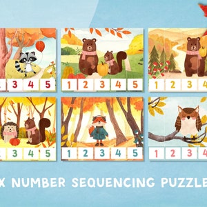 May include: Six colorful number sequencing puzzles featuring woodland animals in an autumn forest setting. The puzzles include a raccoon, bear, squirrel, hedgehog, fox, and owl.