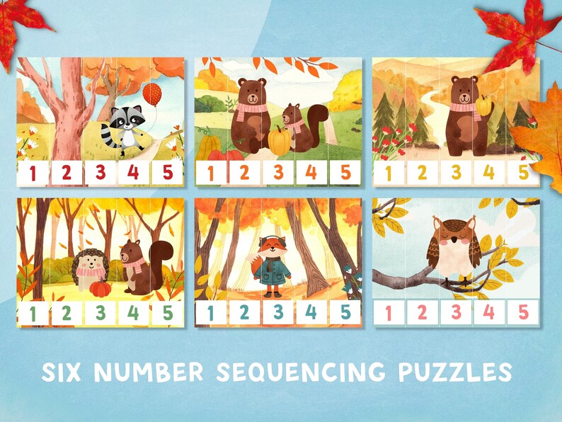 May include: Six colorful number sequencing puzzles featuring woodland animals in an autumn forest setting. The puzzles include a raccoon, bear, squirrel, hedgehog, fox, and owl.