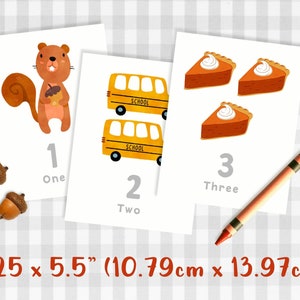 May include: Three printable flashcards featuring a squirrel, school buses, and pumpkin pies. Each card has a number, the number word, and a corresponding image. The cards measure 4.25 inches by 5.5 inches.