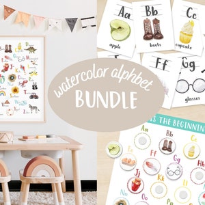 Pacote de alfabeto em aquarela, flashcards, pôster, atividade de correspondência de sons iniciais