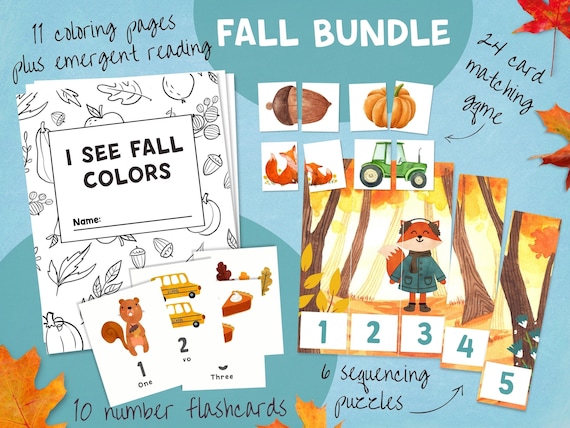 Watercolor Fall bundle, Preschool, Coloring Pages, Matching Game, Number Sequencing, Number Flashcards