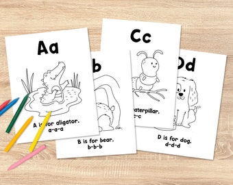 Könnte beinhalten: Schwarz-weiß-Malvorlagen mit den Buchstaben A, B, C und D und entsprechenden Illustrationen eines Alligators, eines Bären, einer Raupe und eines Hundes. Die Seiten enthalten den Buchstaben und den Namen des Tieres sowie eine phonetische Aussprache.