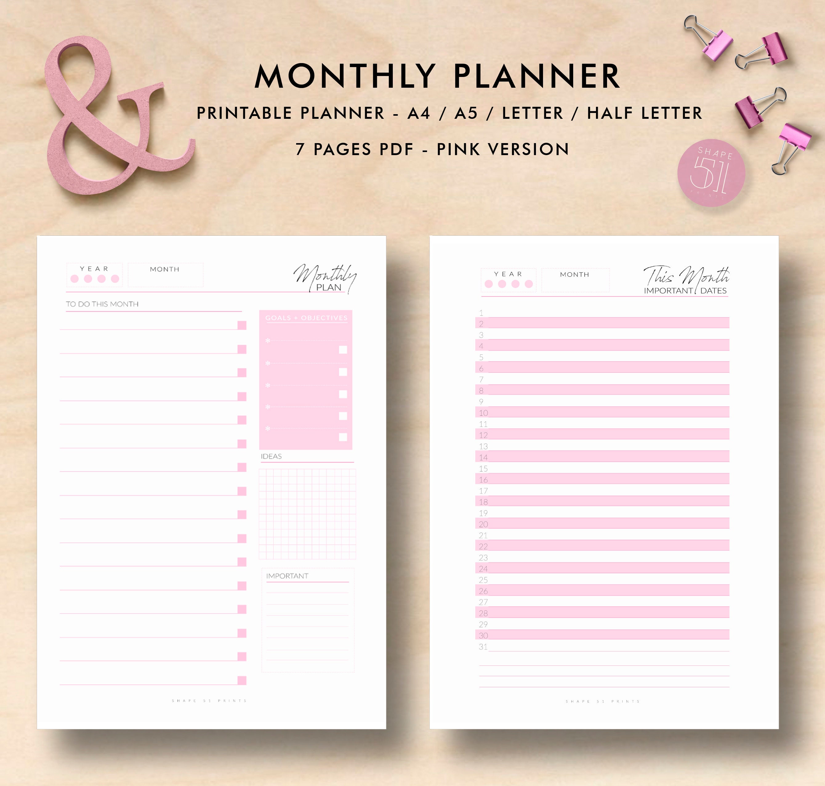 Pink Monthly planner Printable Planner pages printable Etsy Nederland