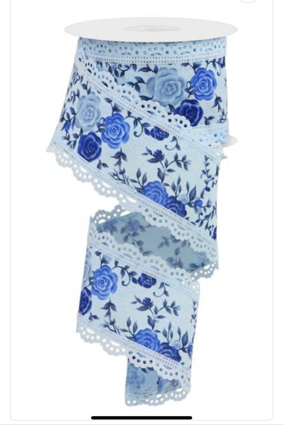 2.5 inch Ribbon, Blue Floral Ribbon, Scallop Edge Ribbon, Rose Ribbon, Chinoiserie Ribbon, Lace Edge Trim Ribbon