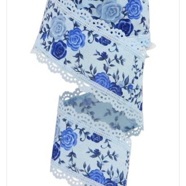 2.5 inch Ribbon, Blue Floral Ribbon, Scallop Edge Ribbon, Rose Ribbon, Chinoiserie Ribbon, Lace Edge Trim Ribbon