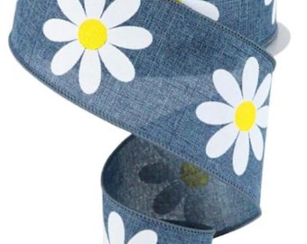 Denim Blue Yellow White Daisy Flower Ribbon, 60s  Daisy Ribbon, Wired Ribbon, Hippie Retro Ribbon, Decor, Summer Ribbon