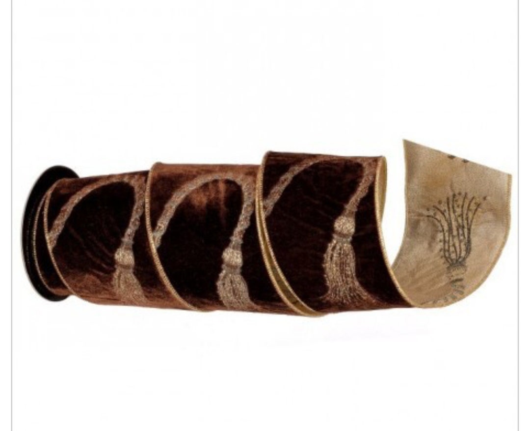 4 Inch Ribbon, 5 YARD ROLL, Regency Ribbon, Pecan Brown Velvet Tassel ...