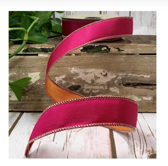 Pink Fuchsia and Orange Reversible Ribbon, Spring Ribbon, Whimsical Ribbon, Luxury Ribbon, , Holiday Decor, Christmas Ribbon