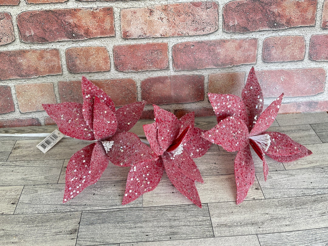 Red Frosted Glittered Poinsettia Stem Spray, Floral Supplies, Christmas Tree Picks, Wreath