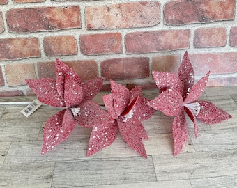 Red Frosted Glittered Poinsettia Stem Spray, Floral Supplies, Christmas Tree Picks, Wreath Embellishments, Christmas Craft Supply