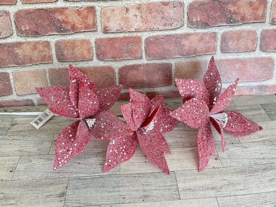 Red Frosted Glittered Poinsettia Stem Spray, Floral Supplies, Christmas Tree Picks, Wreath Embellishments, Christmas Craft Supply