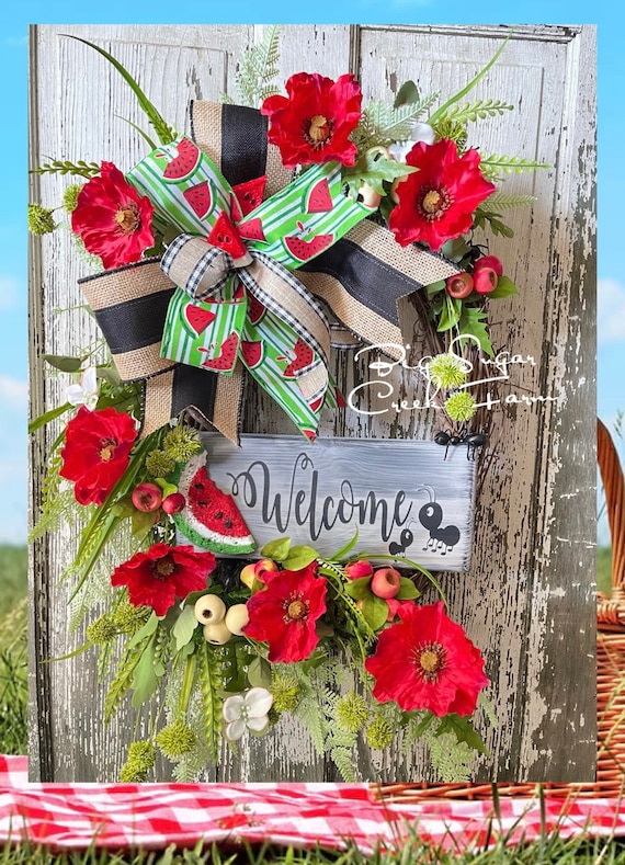 Watermelon Wreath, Summer Decor, Watermelon Ant Wreath, Summer Wreath, Kitchen Pantry Decor, Red Poppy Summer Wreath, Mothers Day