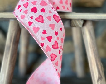 Pink Hearts Ribbon, 10 YARDS, Wired Ribbon, Holiday, Ribbon, Decor, Valentine Ribbon, Heart Ribbon