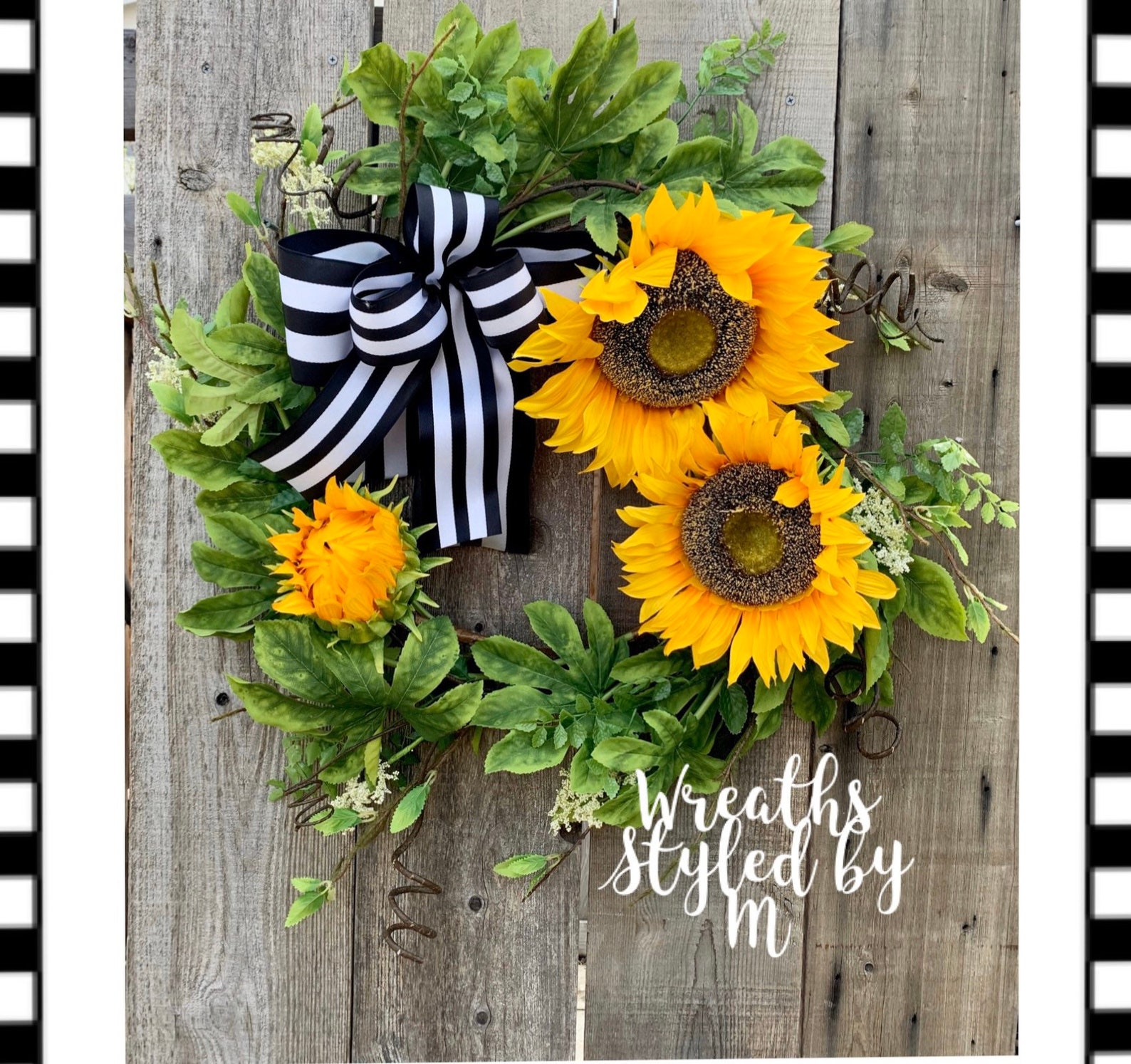 Sunflower Wreath Black and White Wreath Spring Wreath Etsy