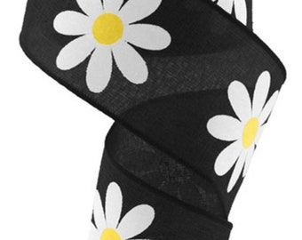 Black Yellow White Daisy Flower Ribbon, 60s  Daisy Ribbon, Wired Ribbon, Hippie Retro Ribbon, Decor, Summer Ribbon