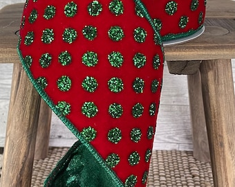 Red Green Velvet Polka Dot Ribbon, 4 inch Ribbon, Luxury Ribbon, Christmas Ribbon, Red with Green Glitter Polka Dot Ribbon