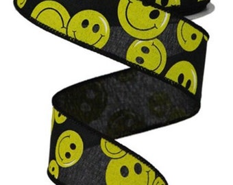 Happy Smiley Face Ribbon, Yellow Happy Face Ribbon, Retro Hippie Ribbon, Flower Child Ribbon