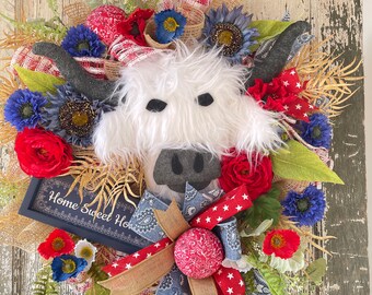 Patriotic Highland Cow Wreath, Summer Wreath, Patriotic Farm Cowboy Wreath, Red Poppy Wreath, Summer Wreath, Fourth of July Wreath