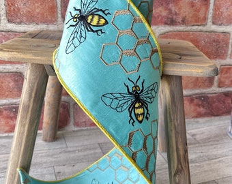 4 inch Ribbon, DStevens Teal Bee Embroidered Ribbon, Bumble Bee Decor, Holiday, Summer  Ribbon, Boho Ribbon, Farmhouse Ribbon