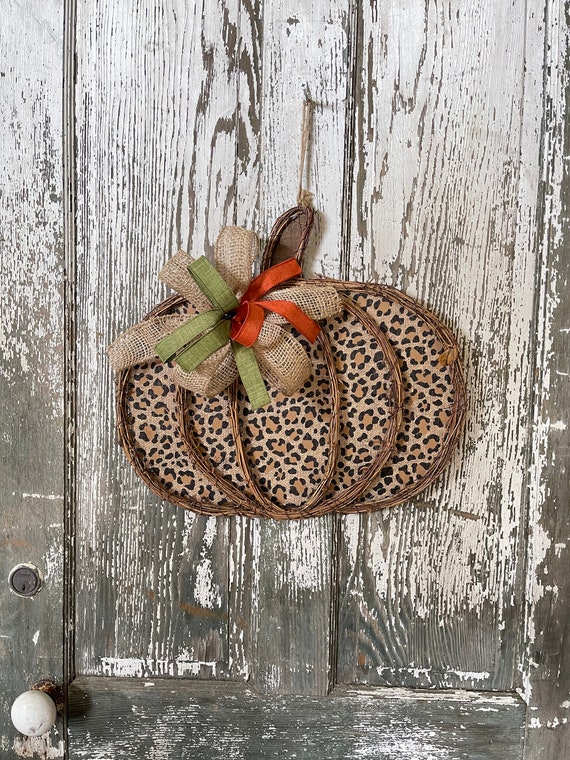 Leopard Pumpkin Door Hanger, Twig pumpkin Decor, Fall Wreath, Fall Decor, Halloween Decor, Cheetah Fall Decor